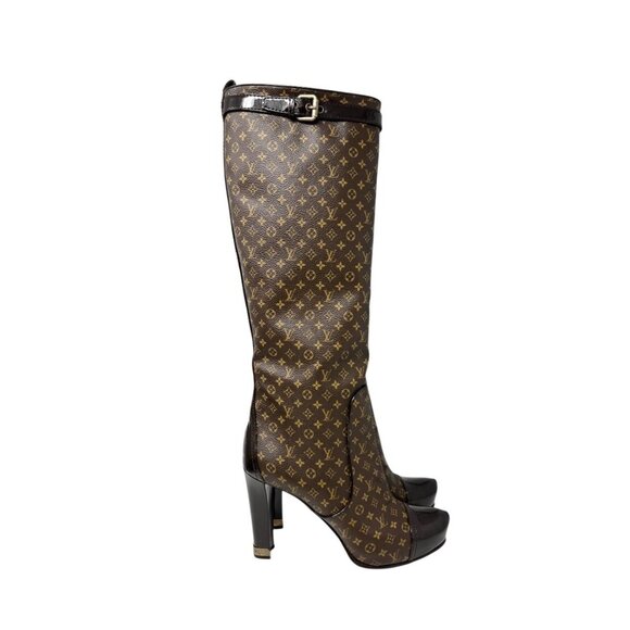 LOUIS VUITTON Vintage LV Monogram Long Boots #37.5 Heels Brown Black [106224] - Picture 8 of 13